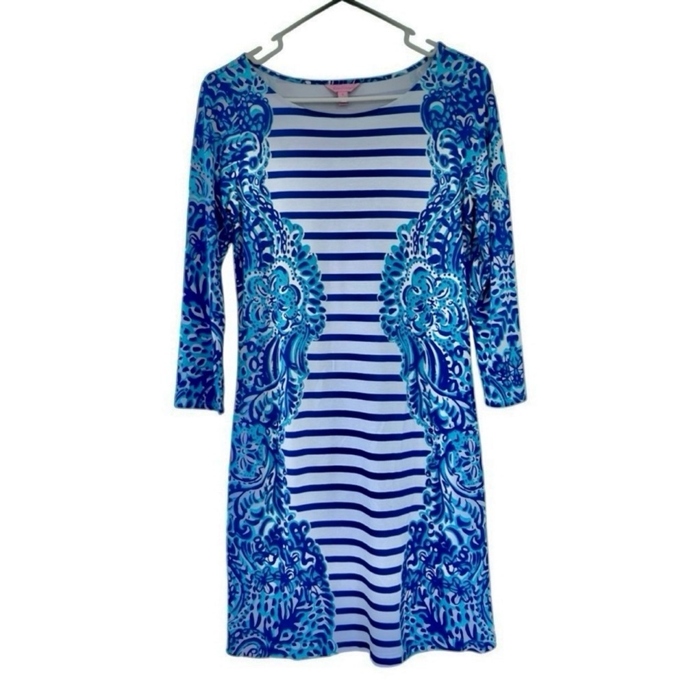 LILLY PULITZER Nila Moon Jellies Stripe White Blue Long Sleeve Dress Size S